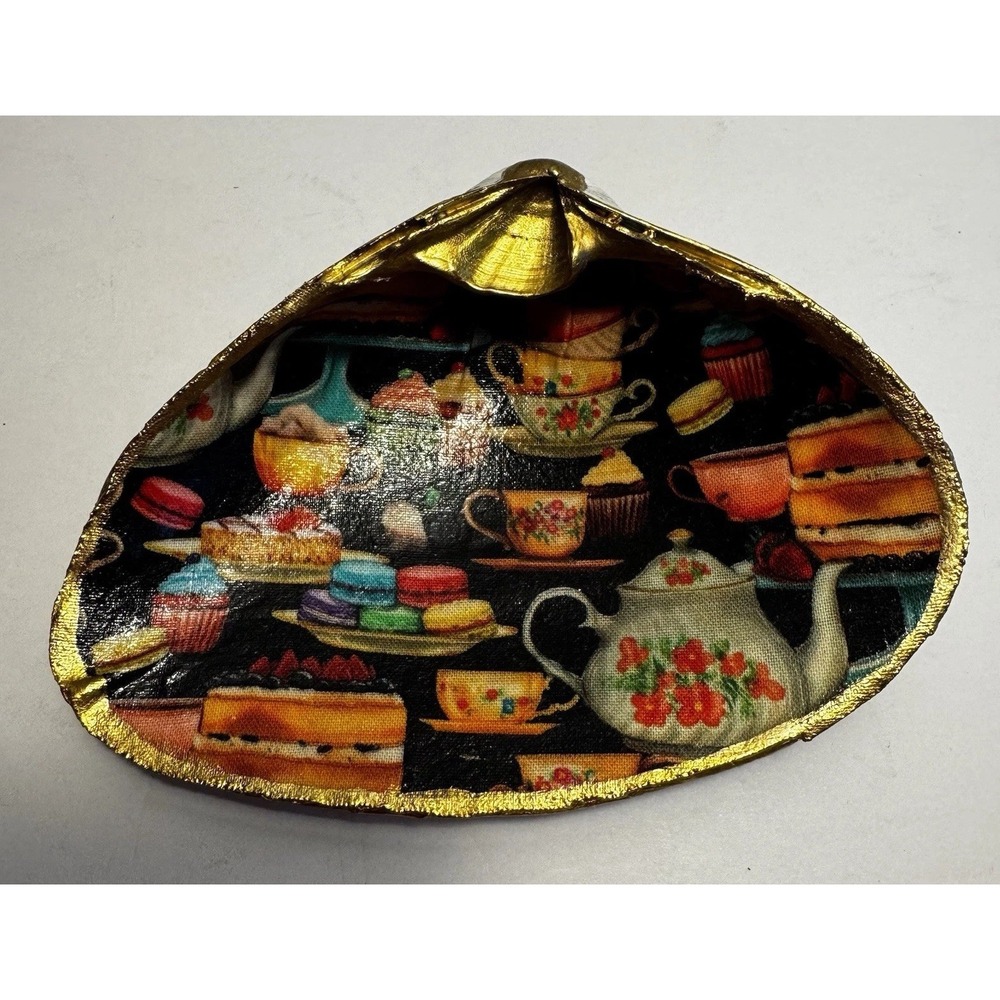 Decoupage Clam Shell Trinket Dish Tea Time‎